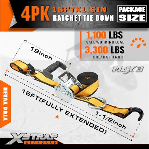XSTRAP STANDARD 4 Pack 1.5" x 16' Ratchet Straps Double J Hook - 1,100 lb Capacity, 3,300 lb Break Strength, Heavy Duty Tie Down Straps for Truck, Motorcycle & Cargo Hauling - style: 4pk 1.5'' x 16' 3300lbs yellow