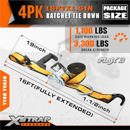 XSTRAP STANDARD 4 Pack 1.5" x 16' Ratchet Straps Double J Hook - 1,100 lb Capacity, 3,300 lb Break Strength, Heavy Duty Tie Down Straps for Truck, Motorcycle & Cargo Hauling - style: 4pk 1.5'' x 16' 3300lbs yellow
