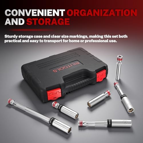 BILITOOLS 7 Piece Magnetic Swivel Spark Plug Socket Set with Gap Tool, 3/8-Inch Drive, 9/16'', 5/8'', 14mm, 16mm, 6 & 12 Point, CR-V