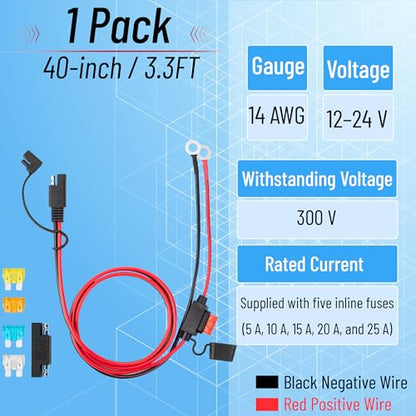 Bates- SAE Battery Connector, 3.3 FT, 14 AWG, SAE to O-Ring Harness with 5A-25A Protection Fuses & Polarity Reverse Adapter, 2-Pin Connector for Chargers, Maintainers, Solar Panels & Motorcycles