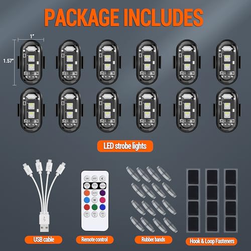 Wireless LED Strobe Lights Remote Control, 8 Colors USB Charing Waterproof Anti-Collision Flashing Emergency Warning Lights for Car Motorcycle Drone Aircraft Bike 12PCS - color: 12pods