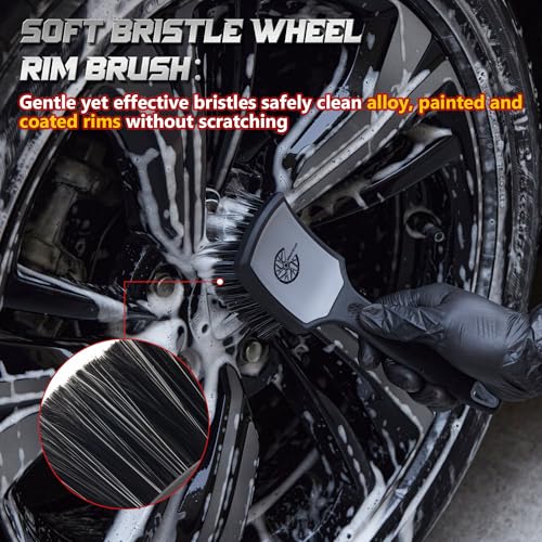 BMLEI Wheel & Tire Brush Set, 2 Pack Car Wheel Brush & Tire Cleaner Brushes, Soft Bristle Rim Brush and Stiff Tire Scrub Brush, Scratch-Free Wheel Cleaning Kit for Car Detailing, Trucks, SUVs - color: Gray&black