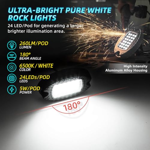16Pods Metal Pure White LED Rock Lights Kit 6500K for Truck Pickup Offroad | Aluminum Housing, Plug-and-Play & Pre Wired, Switch Wiring Harness Extension Fuse, 384Chips Waterproof 12V, Pure Copper Wire - color: Pure White 24LEDs, size: 16Pods