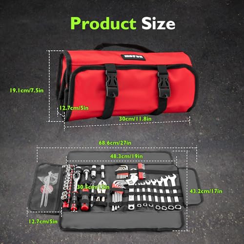 Mofun 64-Piece Motorcycle Tool Kit Universal with Roll Pouch Roadside Travel Wrenches, Ratchet Universal Compatible with Cars Fit Trucks Fit Motorcycles Fit Enduro Dirt Bikes Fit UTVs Fit ATVs, Red - color: Red