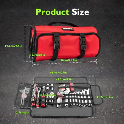Mofun 64-Piece Motorcycle Tool Kit Universal with Roll Pouch Roadside Travel Wrenches, Ratchet Universal Compatible with Cars Fit Trucks Fit Motorcycles Fit Enduro Dirt Bikes Fit UTVs Fit ATVs, Red - color: Red
