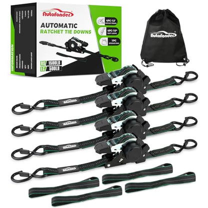 Retractable Ratchet Straps (4 Pack) -(1,500lb Break Strength) -1 Inch x 12 Feet Heavy Duty Auto Self Retracting Tie Down Straps (Black-Green) - color: Black-Green Retractable