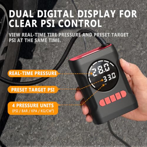 ROCGORLD R6 12V DC Tire Inflator Portable Air Compressor, Car Air Pump with Dual Digital Display, Preset Pressure, Auto Shut-Off, 3 Light Modes, Plug-In Tire Pump for Cars, Motorcycles, Bikes, Balls