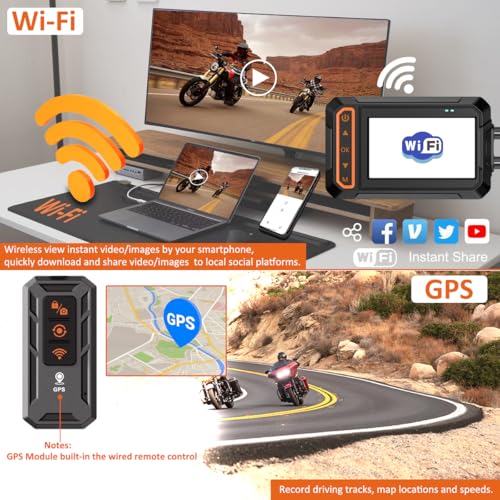 Motorcycle Dash Cam, 3'' LCD Waterproof Motorcycle Front and Rear 1080P Camera Wide Angle 155° with Wi-Fi, GPS, Wired Control, G-Sensor, Max up to 256GB