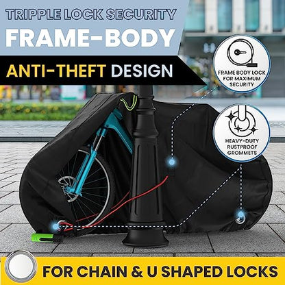 Waterproof Bicycle Cover for Outdoor Storage - Fits 1 or 2 Mountain, Road, Electric Bikes - Anti Theft Lock Holes for Frame Body & Wheels - Premium Heavy Duty Ripstop Fabric. For Rain or Snow.