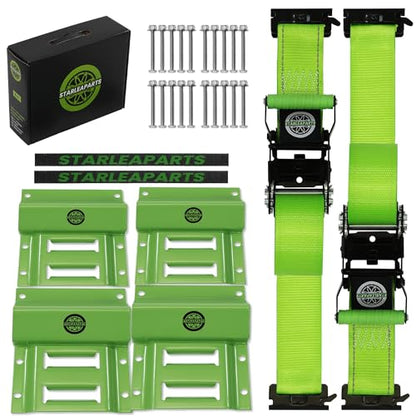Heavy Duty Wheel Chock Tie Down Straps Set (2PK) - 4,400lb Guaranteed Max Break Strength, (2) 2" x 6' Trailer Tire Straps with (4) Wheel Chocks for ATV, UTV or Tractors - style: 2PK - Green