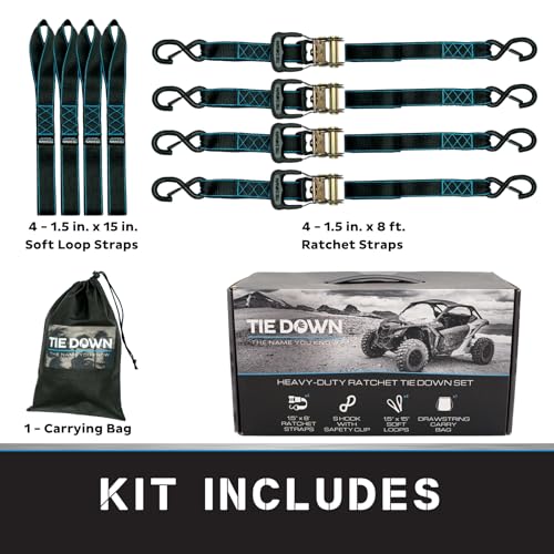Tie Down 1.5 inch x 8 ft Black Heavy Duty Ratchet Strap, 4-Pack Kit - 5208 lbs. Breaking Load Limit - color: Black, size: 4-Pack