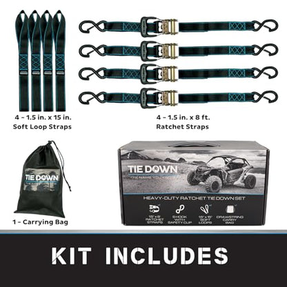 Tie Down 1.5 inch x 8 ft Black Heavy Duty Ratchet Strap, 4-Pack Kit - 5208 lbs. Breaking Load Limit - color: Black, size: 4-Pack