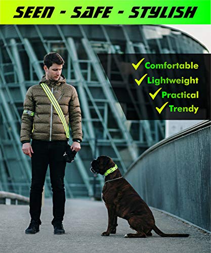 FREEMOVE Reflective SASH with 2 Bands - or - Reflective Runners Waist Belt with 4 Arm Bands > Easy to Put On/Off Reflective Gear for Guaranteed Visibility & Safety for Dog Walking, Running, Cycling - color: Yellow SASH and BANDS