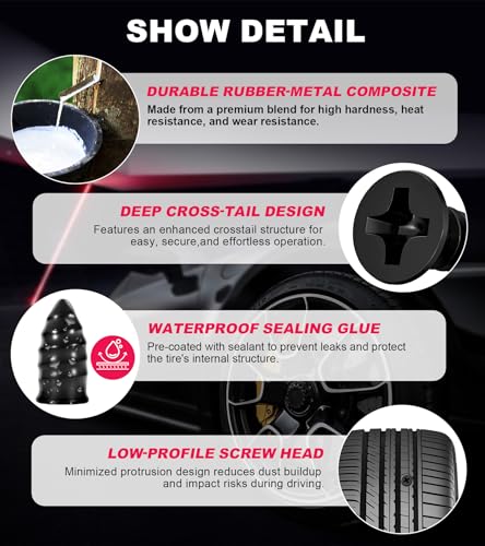 Tire Repair Screws, 60Pcs Screw in Tire Plugs, Self-Service Flat Tire Repair Kit with Screwdriver & Storage Case, for Car, Motorcycle, Bike, Truck, Tubeless Tires