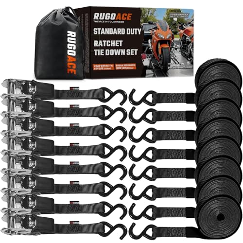 8-Pack Ratchet Tie Downs, 15Ft Heavy Duty Lashing Straps, 1800LBS Break Strength, Cargo Straps with Rubber Handle & S Hooks for Moving Appliances, Motorcycle, ATV, UTV, Truck Bed, Black - color: Black