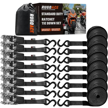 8-Pack Ratchet Tie Downs, 15Ft Heavy Duty Lashing Straps, 1800LBS Break Strength, Cargo Straps with Rubber Handle & S Hooks for Moving Appliances, Motorcycle, ATV, UTV, Truck Bed, Black - color: Black