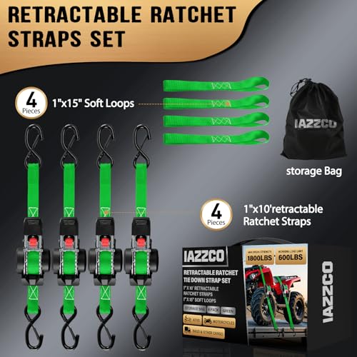 Retractable Ratchet Straps (4-Pack) - 1 in x 10 Ft (1800 LB Break Strength) Heavy Duty Self Retracting Ratchet Straps with Soft Loops & Storage Bag for Household, Motorcycle, Truck, ATV(Green) - style: Green-4 Pack
