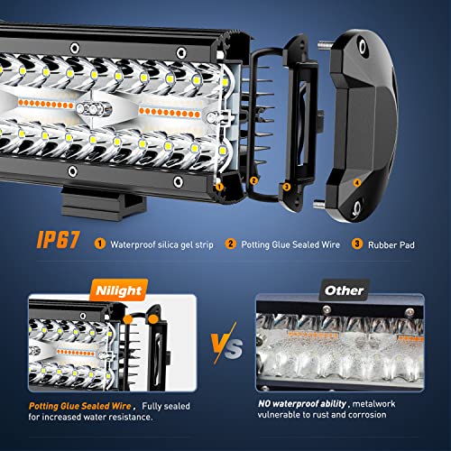 Nilight 20Inch 420W LED Light Bar 2PCS 4Inch 60W Light Pods Amber White Strobe 6 Modes Memory Function Reset Function Off Road Truck with 16AWG Wiring Harness Kit-3 Lead - color: Amber&White - 20Inch Light Bar + 2Pcs 4Inch Pods + Wiring Harness + 6 Modes