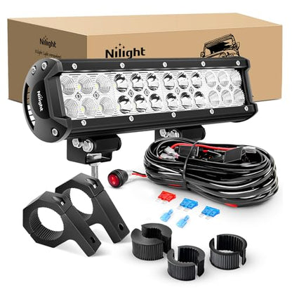 Nilight 12 Inch 72W LED Light Bars Spot Flood Combo Off-Road Light Mounting Bracket Horizontal Bar Tube Clamp With Off Road Wiring Harness, 2 Years Warranty - color: 72W Light +Clamp Mounting +Wiring harness