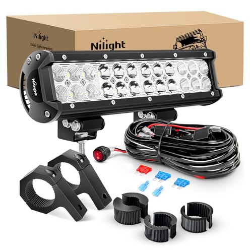 Nilight 12 Inch 72W LED Light Bars Spot Flood Combo Off-Road Light Mounting Bracket Horizontal Bar Tube Clamp With Off Road Wiring Harness, 2 Years Warranty - color: 72W Light +Clamp Mounting +Wiring harness