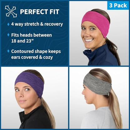 TrailHeads Womens Ponytail Headband - Moisture Wicking Hair Headband for Running, Winter, Workout - Athletic Headband Women - color: heather pink-grey-purple
