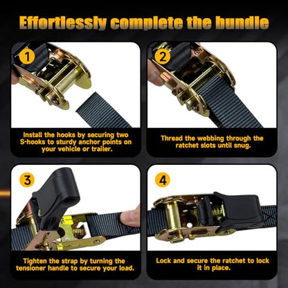 4-Pack Ratchet Straps, 15 Feet -1800 lb Break Strength Heavy Duty Ratchet Straps Retracting Tie Down Straps Set for Truck, Motorcycle, ATV, UTV, Cargo Trailer