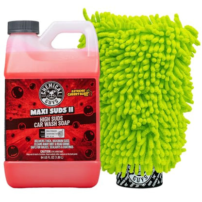 Chemical Guys Maxi Suds II Cherry Scent Car Wash Soap and Chenille Microfiber Wash Mitt Bundle, High Foam Shampoo for Foam Cannons, Guns, and Buckets, Safe for All Paint - 64 Fl Oz - size: 64 Fl Oz (Pack of 1), style: With Microfiber Towel