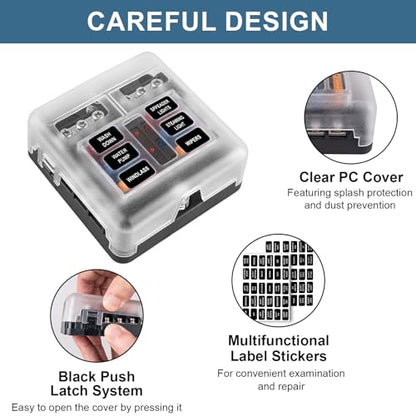 BetyBedy 6 Way Fuse Block, 12V Marine Fuse Box with LED Indicator, Automotive 6-Circuit Blade Fuse Block with Waterproof Cover for RV Motorcycle Boat Vehicle, 12PCS Fuses ＆ Tip Stickers Included - style: 6-Way
