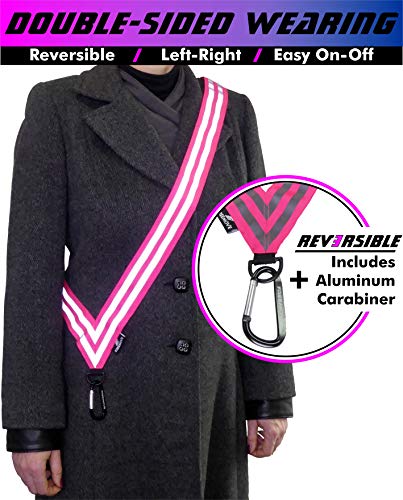 FREEMOVE Reflective SASH with 2 Bands - or - Reflective Runners Waist Belt with 4 Arm Bands > Easy to Put On/Off Reflective Gear for Guaranteed Visibility & Safety for Dog Walking, Running, Cycling - color: Pink SASH and BANDS