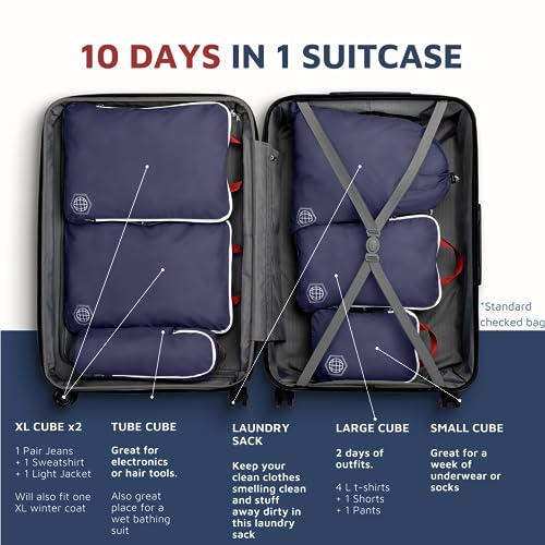 Extra Large Compression Packing Cube 6 Piece Set for Travel and Check Luggage by TRIPPED Travel Gear - color: Navy