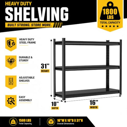 Metal Garage Shelving 3 Tier, Adjustable Heavy Duty Garage Storage Shelves, Steel Storage Rack, Metal Shelving Unit for Pantry Kitchen Closet Utility Room, Black, 16" W x 10" D x 31" H - size: 3TIER-16"W X 10"D X 31"H