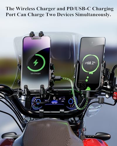 BRCOVAN Motorcycle Phone Mount with Qi Wireless & USB-C Charger | Qi 15W & PD 30W, Anti-Theft Handlebar Cellphone Holder with Vibration Dampener, Adjustable for 5.4-7.2'' Smartphone