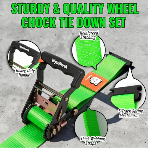 Wheel Chock Tie Down Straps kit for Trailers, E-Track Heavy-Duty Wheel Tie-Down Set for Lawn UTV ATVs, SUV,Mowers and Tractors – 4500 lbs Break Strength, 4-Pack 2in x 8ft,Green - color: Green, 4 Pack