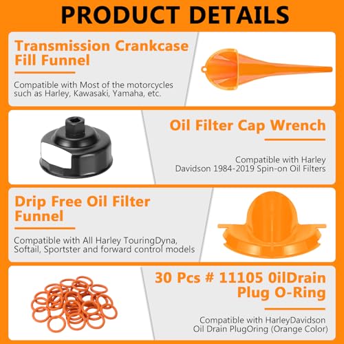 Oil Change Kit Compatible with Harley-Davidson, Complete Motorcycle Oil Change Tool Set with Filter Cap Wrench, Fill Tools & 30Pcs O-Rings