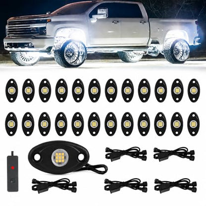 24pods White Rock Lights kit Dc 12v-80v 6000k Aluminum Pure White Led Rock Lights with Switch Wiring Harness Kit Ip68 Waterproof for Trucks Pickup Offroad Car SUV Utv ATV Rv Fends Underglow Lights - color: White-24Pcs + Switch Wiring Harness