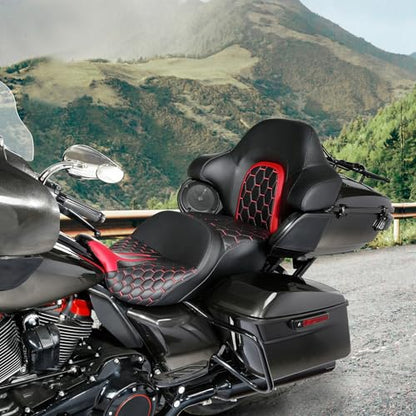 SLMOTO Gel Hammock Seat + Passenger Backrest Pad Sissy Bar Fit for Harley Touring Road King Glide Street Glide Electra Glide 2014-2023 Black Red 2 Up Rider Driver Cushion - color: Gel Style A Red Seat + Backrest
