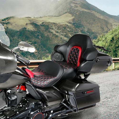 SLMOTO Gel Hammock Seat + Passenger Backrest Pad Sissy Bar Fit for Harley Touring Road King Glide Street Glide Electra Glide 2014-2023 Black Red 2 Up Rider Driver Cushion - color: Gel Style A Red Seat + Backrest