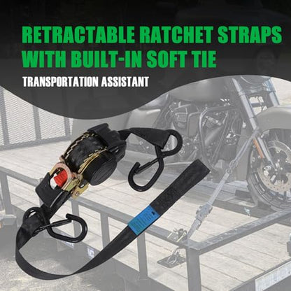 MOTO4U Auto Retractable Ratchet Straps 4-Pack | 1” x 10ft (1500lb Break Strength) | Heavy Duty Motorcycle Tie Downs Straps with Integrated Soft Loops for Truck, Trailer, Motorcycle - color: 4 Pack