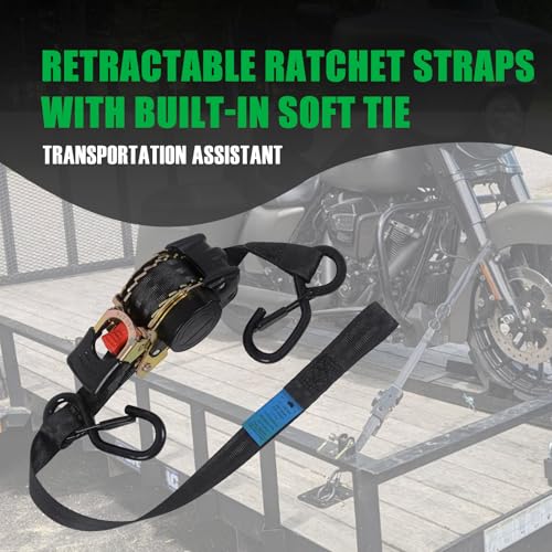 MOTO4U Auto Retractable Ratchet Straps 2-Pack | 1” x 10ft (1500lb Break Strength) | Heavy Duty Motorcycle Tie Downs Straps with Integrated Soft Loops for Truck, Trailer, Motorcycle - color: 2 Pack