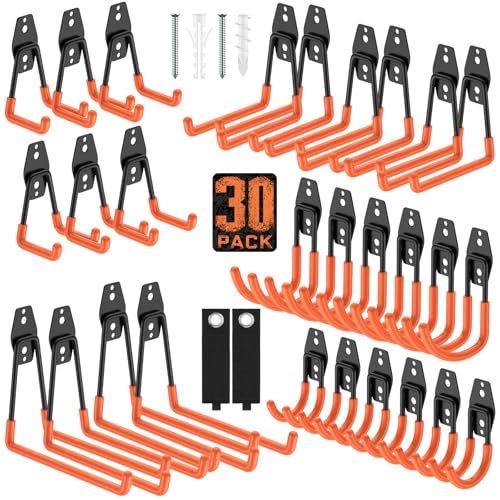 Heavy Duty Wall Mount Garage Hooks, 30-Pack | Hanging Storage for Bikes, Ladders, Hoses, Ropes, Garden Tools - For Warehouse, Workshop, Shed, Shop, Yard - color: 30 Pack Orange