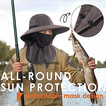 Mens Women Fishing Hat UPF 50+ Wide Brim Sun Hat with Face Cover & Neck Flap - color: Dark Gray