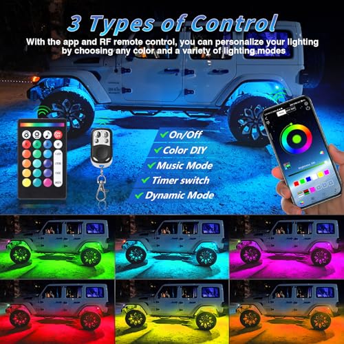 20Pods Full Angle RGB LED Rock Lights Kit for Trucks Pickup Jeep Golf Cart SXS ATV with APP/RF Remote Control, Neon Underbody Accent Light with Brake Multicolor Neon Underbody Lights Waterproof 12V - size: 20 Pods