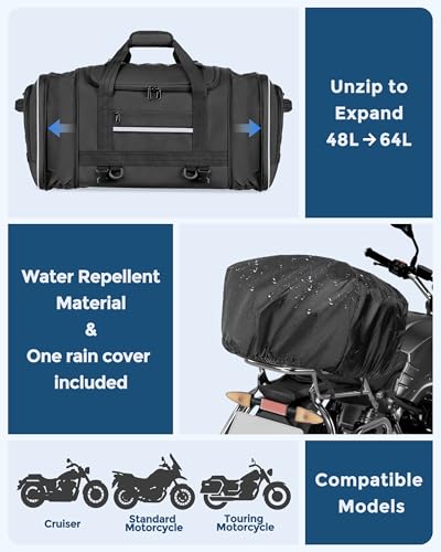 Marscamd Waterproof Motorcycle Tail Luggage Bag, 48L-64L Expandable, a Rain Cover Included, Bag with 4 Rack Mount Straps and Multiple Pockets - Black