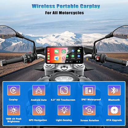 Motorcycle Screen Head Unit, 6.3" Motorbike Smart HD Display Navigator with Wireless CarPlay Android Auto IP67 Waterproof Bluetooth Voice Assistant Auto Light Sensing OTA Updates Mounting Kits