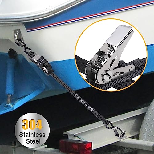 Ayaport Boat Tie Down Straps to Trailer (Stainless Steel Ratchet) 5 Feet, 2400lbs Break Strength Heavy Duty Ratchet Boat Straps, Boat Transom Straps Boat Trailer Accessories for Boating Safety, Black - size: 1" x 5' -Stainless