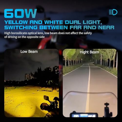 Motorcycle Auxiliary LED Light Driving Spotlights White/Amber Fog Lights with Mount Brackets Wire Harness Waterproof Offroad Work Lights Compatible with Motorcycle J-eep Car Truck 60W Driving Lamps