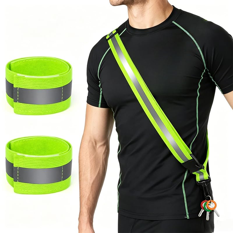Reflective Running Belt with 2Pcs Armbands, Running Belts for Women High-Visibility and Adjustable Green Belt for Jogging, Running, Biking, Dog Walking