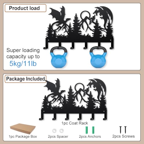 MAYJOYDIY Double Dragon Battle Metal Key Hook Mountain Forest Coat Rack Wall Mounted 15.7×9.8inch Art Wall Decor Key Holder Organizer Rack with 6 Hooks for Gift Coats Hats Towels Bags Hanging - style: Double Dragon Battle