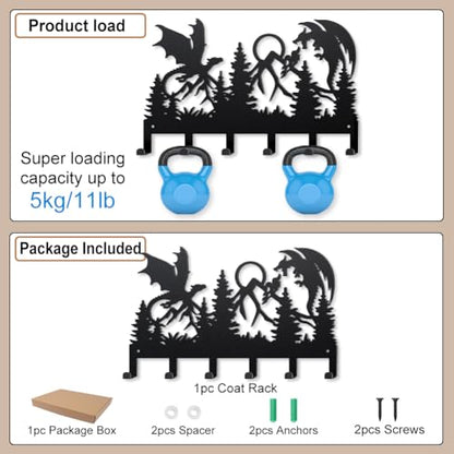 MAYJOYDIY Double Dragon Battle Metal Key Hook Mountain Forest Coat Rack Wall Mounted 15.7×9.8inch Art Wall Decor Key Holder Organizer Rack with 6 Hooks for Gift Coats Hats Towels Bags Hanging - style: Double Dragon Battle