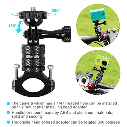 Bike Mount for Action Cameras, Aluminum Handlebar Mount Compatible with GoPro Hero 13/12/11/10/9/8/7/6/5 Black, GoPro Max, DJI Osmo Action 5/4/3/2, Crosstour and More